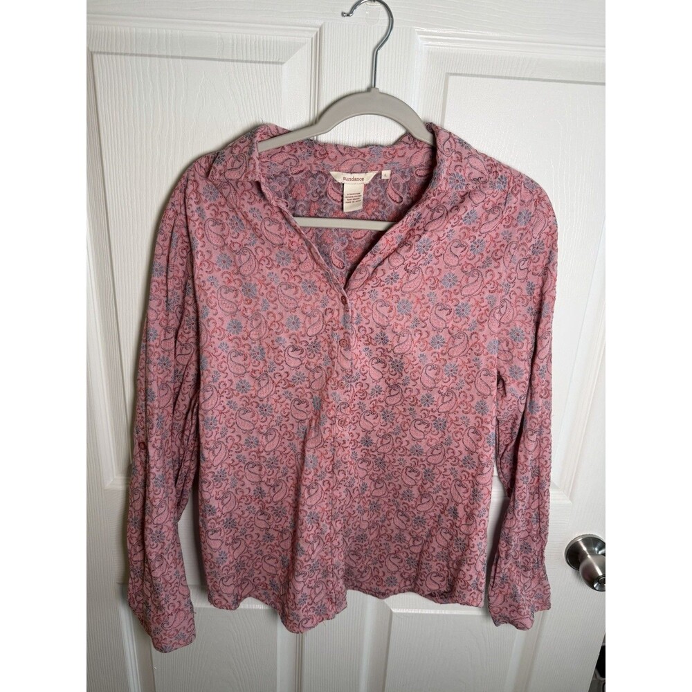 Sundance Blouse Sz L 100% Cotton Pink Floral Print Button Western Cowgirl